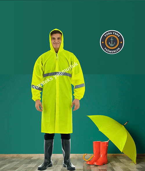 Neon Sarı Reflektörlü ( ikaz şeritli ) Boy Pardesü Yağmurluk
